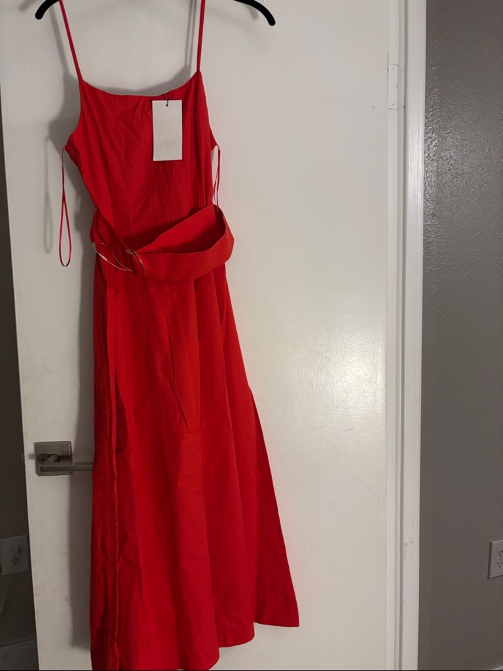 Zara Red Spaghetti-Strap Midi Dress with Waist Belt